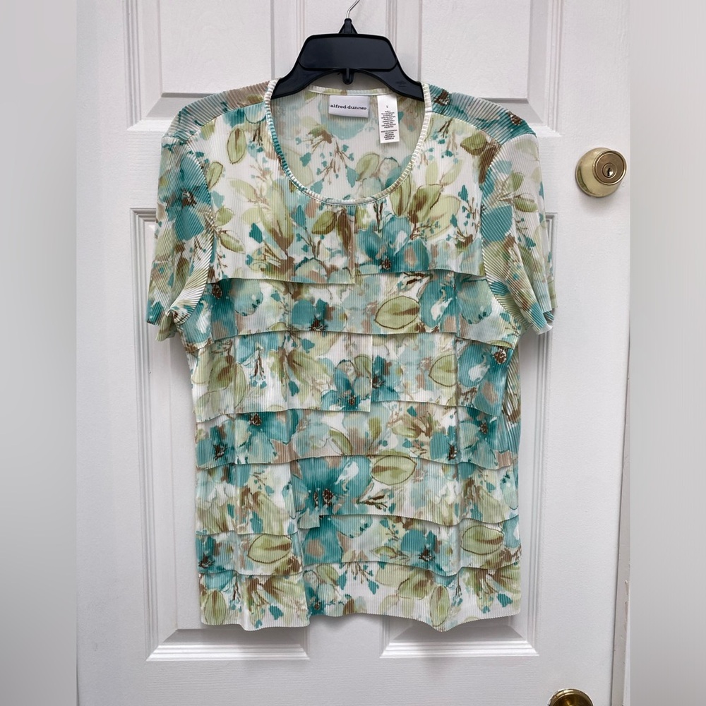 Alfred Dunner Women's Teal, Green & Cream Floral Blouse w Flowy Ruffles - Large